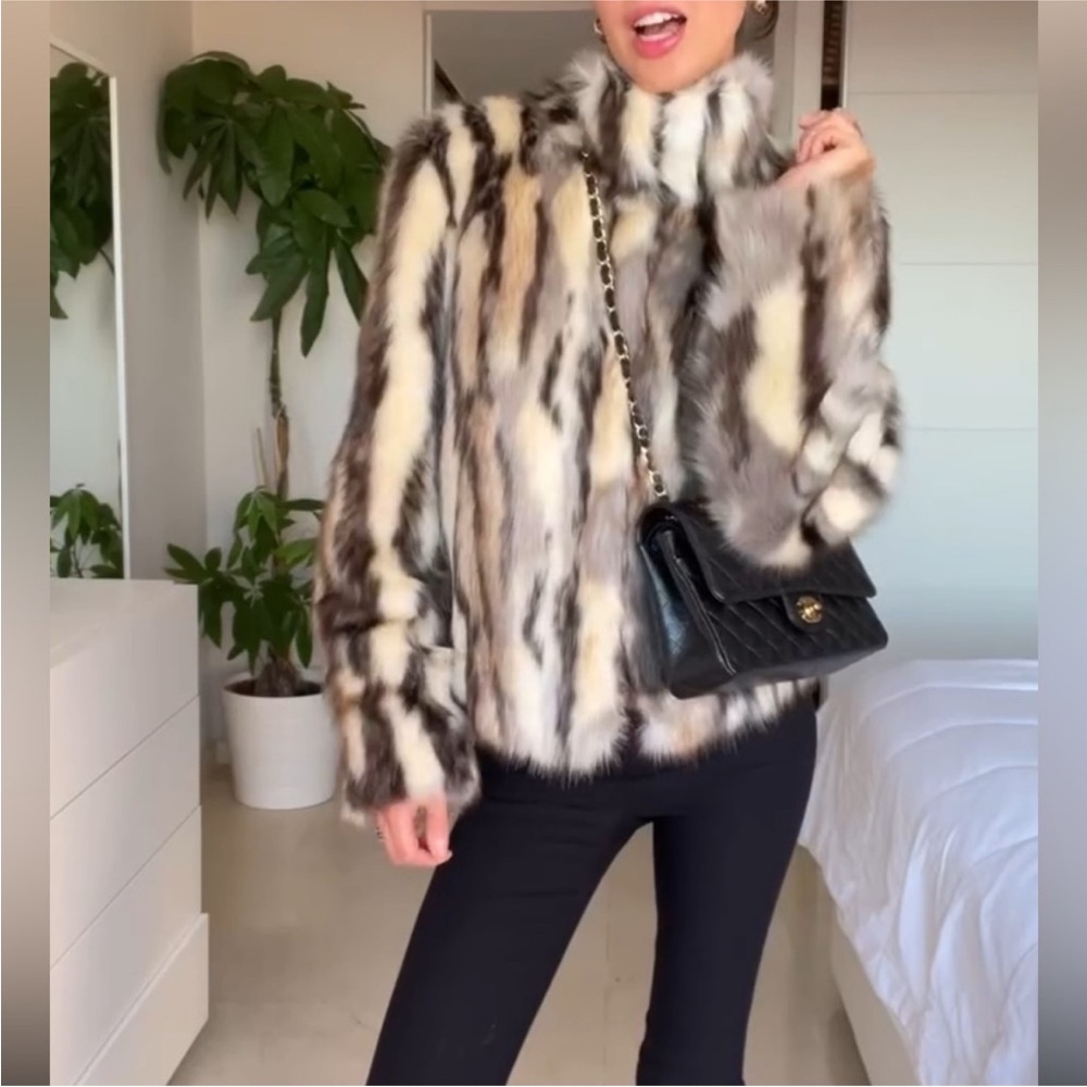 Zara Faux Fur Coat in White, Black and Brown - Picture 4 of 8